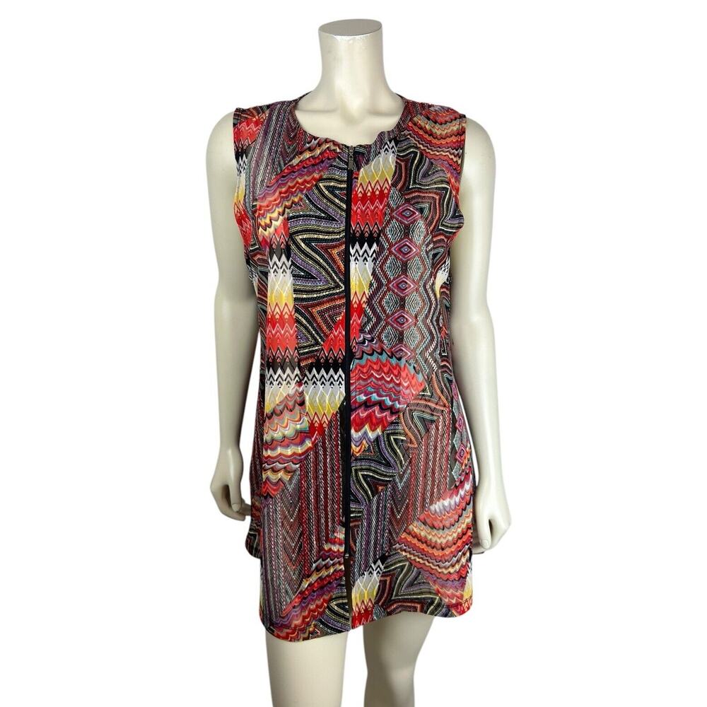 Damee Inc Abstract Print Zip Tunic Vest Size M Sleeveless Colorful Art to Wear